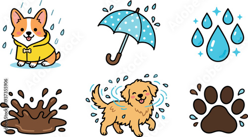 Flat design cute smiling corgi in yellow raincoat and golden retriever shaking off water with umbrella mud splash paw prints