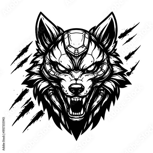 Cyberpunk wolf head illustration with mechanical armor and sharp teeth, a fusion of technology and wildlife in a black and white design