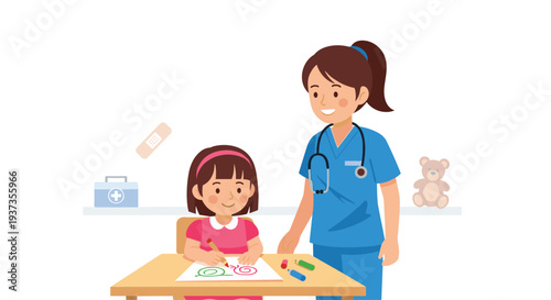 A friendly female nurse in blue scrubs with a stethoscope stands smiling next to a young girl coloring at a wooden table in a medical setting.