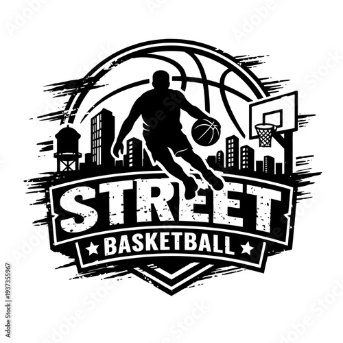 Urban basketball player silhouette logo design with cityscape background and bold typography
