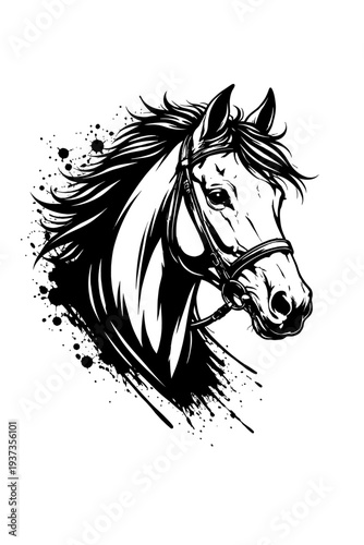 black and white horse head illustration with flowing mane and bridle on white background