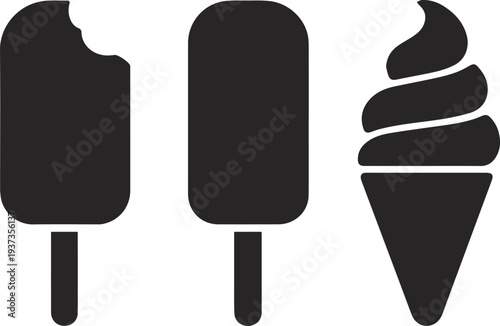 Three Ice Cream Treats Black Silhouettes Vector Icon