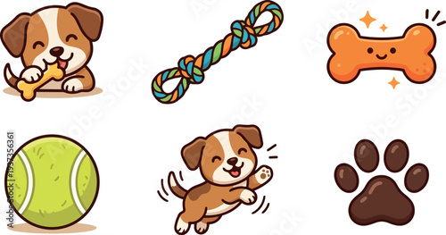 Kawaii vector puppy icons showing playful brown puppy chewing bone jumping with tennis ball rope toy paw print happy cute
