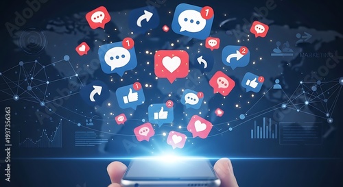 Social media icons and symbols emerging from a smartphone screen in a dark background