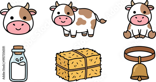 Flat design kawaii cow icon set with smiling head standing and sitting full body milk bottle hay bale and bell