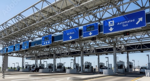 Modern Toll Plaza Structure, Featuring Automated Tolls and EZ-Pass Lanes on a Sunny Day