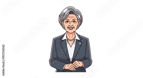 An elegant older businesswoman with styled grey hair and a pearl necklace smiles directly at the viewer with clasped hands.