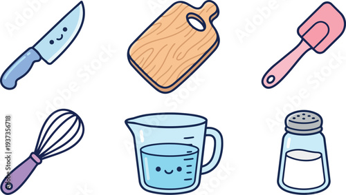 Flat design close up smiling kitchen utensils set knife cutting board spatula whisk measuring cup salt shaker playful vector illustration