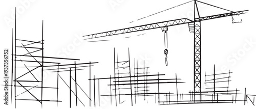 construction site with tower crane line drawing vector