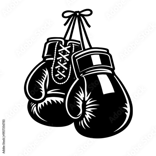 A pair of boxing gloves hanging from a ribbon, symbolizing the sport of boxing and its associated culture, with a classic black and white illustration style.