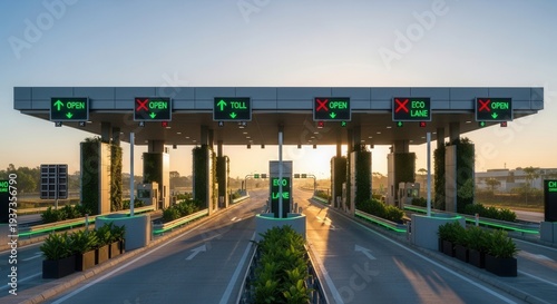 Modern Toll Plaza With Digital Signage Signaling Open Lanes For Traffic Flow at Sunset