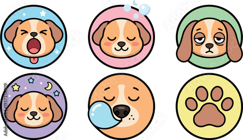 Flat design kawaii dog emoji badge set six circular icons with yawning sleeping snoring playful expressions colorful outline