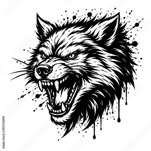 Ferocious wolf head illustration with sharp teeth and vibrant yellow eyes surrounded by black splatters