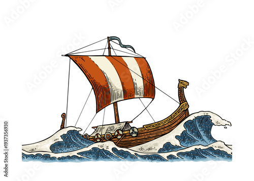 Drakkar floating in a stormy sea with big waves. Hand drawn design element sailing ship. Vintage color vector engraving illustration for poster, label, postmark.