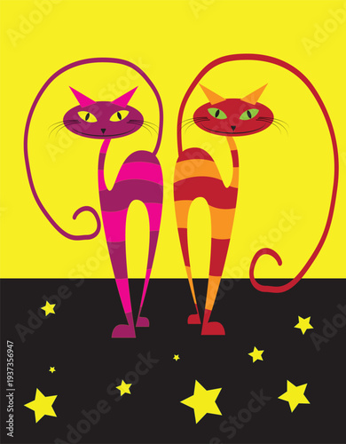 creative colorful cats on bright background, vector lllustration 