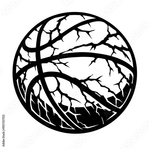 Cracked basketball illustration on white background with black silhouette design