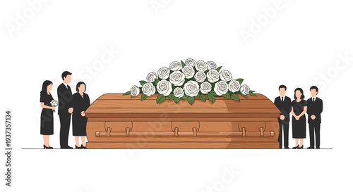 A light brown wooden coffin with carvings and golden handles is covered by white roses, flanked by mourners dressed in black on a white background.