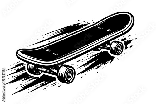 Black and white skateboard illustration with motion blur effect, showcasing dynamic skateboarding action and stylish graphic design elements.