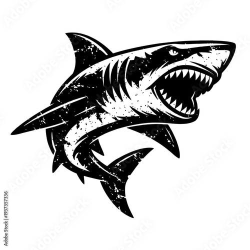 A black and white illustration of a shark with its mouth open, showing sharp teeth, and a grunge effect.