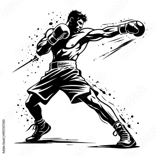 Boxing illustration of a man in fighting stance with boxing gloves on