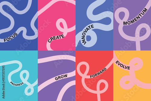 Vibrant colorful squares with abstract white lines and inspirational words