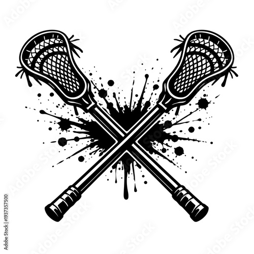 Lacrosse sticks crossing each other with splatter design in black and white