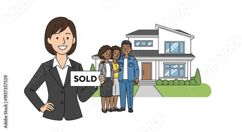A smiling female real estate agent holds a SOLD sign, standing before a happy African American family and their modern white house.