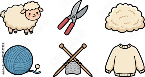 Flat design cute sheep with shears and fleece ball and blue yarn ball and crossed knitting needles and cream sweater