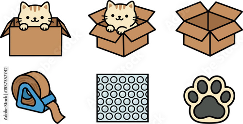 Flat design cute kitten peeking from brown cardboard box with tape dispenser and bubble wrap paw print icon set outline