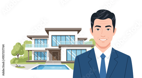 A smiling male real estate agent in a blue suit stands before a luxurious, modern white house with large windows and a swimming pool.