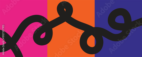 Vibrant abstract art with swirling black lines on pink orange and blue background