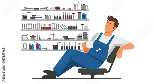 A relaxed male mechanic wearing blue overalls sits in an office chair, holding a white mug in a well-organized workshop with shelves of tools.