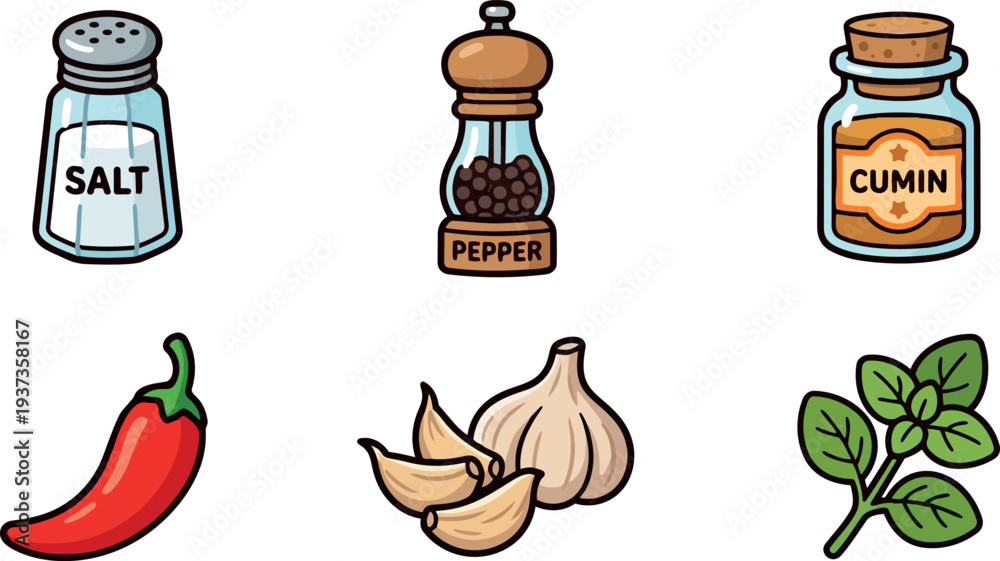 Fototapeta premium Flat design colorful spice icon set top view salt pepper cumin chili garlic basil with bold outlines on white background