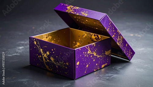 Open purple box with gold splatters and a golden interior on a gray surface