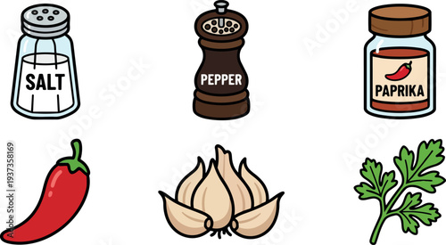 Flat design colorful spice jar and shaker icons with pepper grinder garlic chili parsley arranged on white background close up