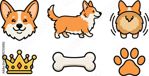 Flat design cute corgi icon set head profile and back wagging tail with crown bone paw in bright cheerful style