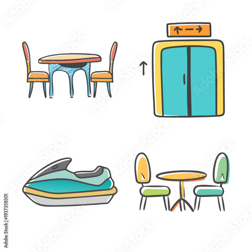 Dining table and chairs, jet ski, and elevator icons