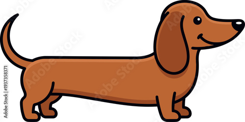 Flat design side view smiling brown dachshund dog long body standing on white background with bold outline looking forward cheerful