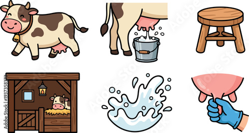 Cute cartoon vector close up milking scene with spotted cow farmer milking bucket barn stool milk splash gloved hand smiling