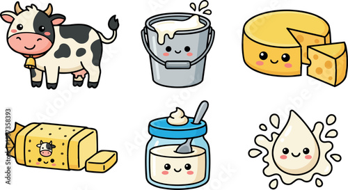 Kawaii flat vector dairy icons set with smiling black and white cow milk bucket cheese butter yogurt splash bright colors