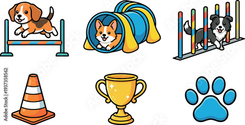 Cartoon vector flat design playful colorful dog agility icons beagle jumping corgi tunnel border collie weaving cone trophy paw set