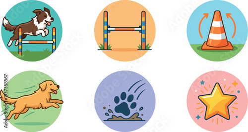 Flat design dog agility icons set with border collie jumping hurdle golden retriever running paw print and reward star playful