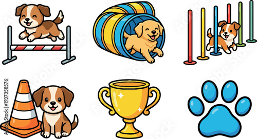 Flat cartoon vector puppy agility icon set jumping over hurdle running through tunnel weaving poles trophy paw smiling sitting cone