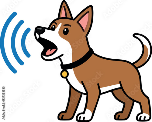 Flat design barking happy open mouth brown dog with black collar side view sound waves playful cartoon vector icon illustration