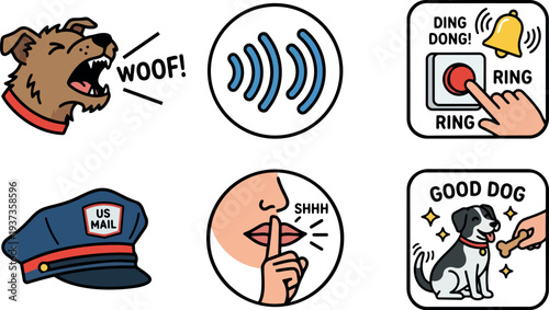 Flat design illustrated dog behavior icon set showing barking warning silent shushing mail carrier door bell press good dog reward treat