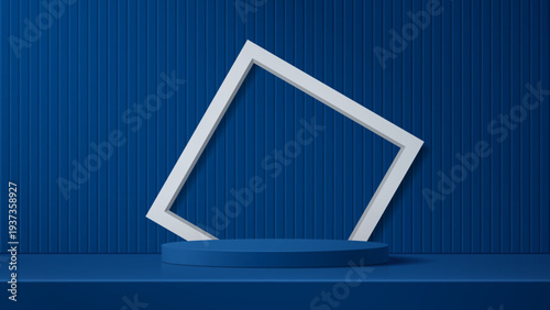 Realistic luxury elegant blue with bright white frame cylindrical 3d podium for the presentation of goods