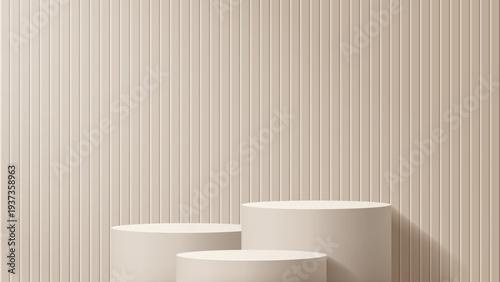 Three realistic minimalist light beige podium for product presentation