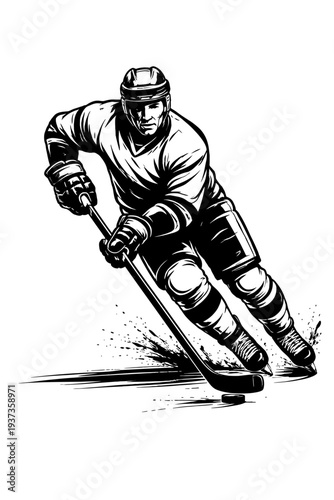 Hockey player in action, skating and handling the puck with stick, dynamic movement and energy, illustration