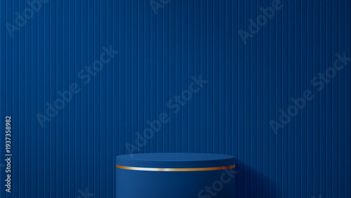 Realistic luxury elegant dark blue cylindrical 3d podium for the presentation of goods