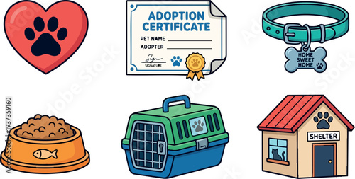 Flat design colorful pet adoption icon set heart paw certificate collar tag food bowl carrier and shelter with playful lighting